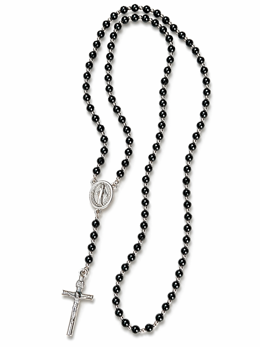 Black Bead Rosary Necklace Crucifix Cross Virgin Mary
